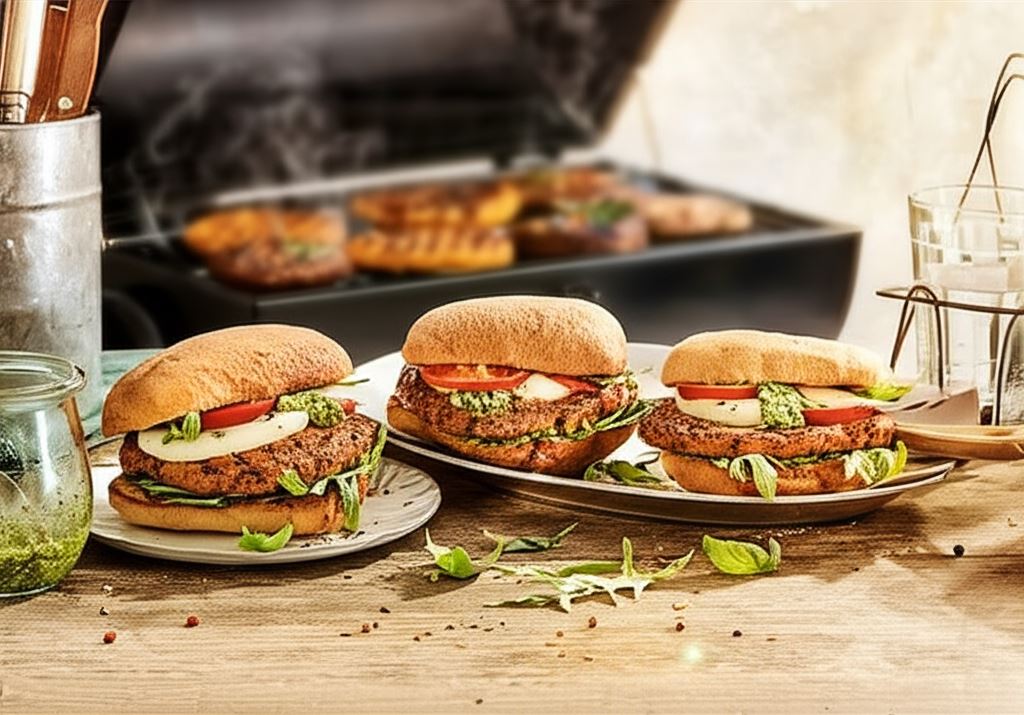 Roślinny burger z rukolą i pesto w chrupiącej ciabacie