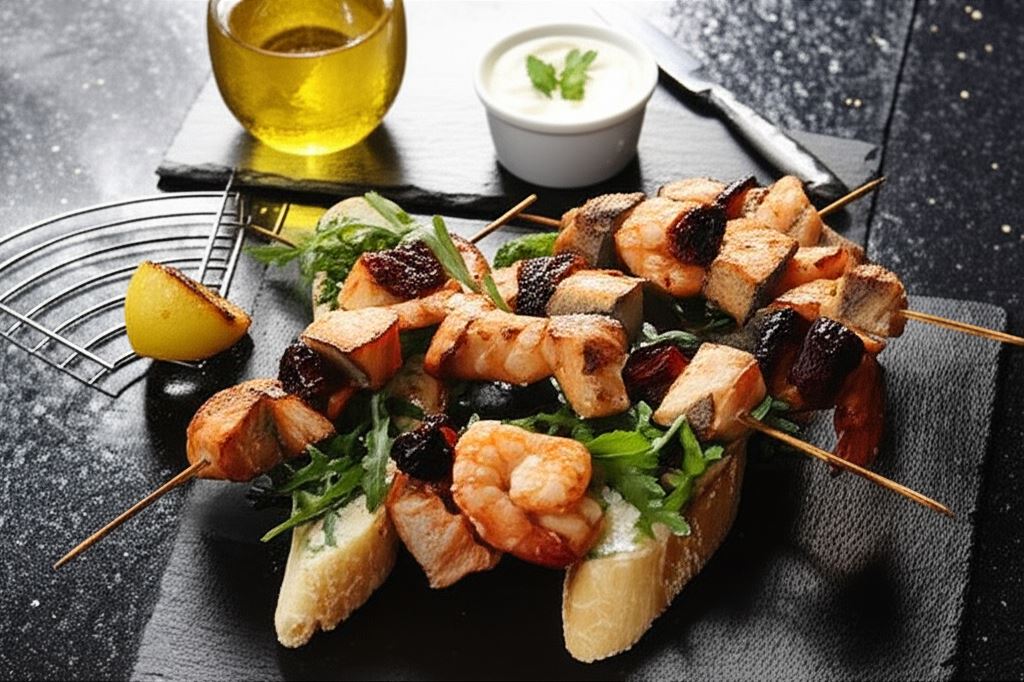 Rybne szaszłyki na chrupiącej grzance z ziołami