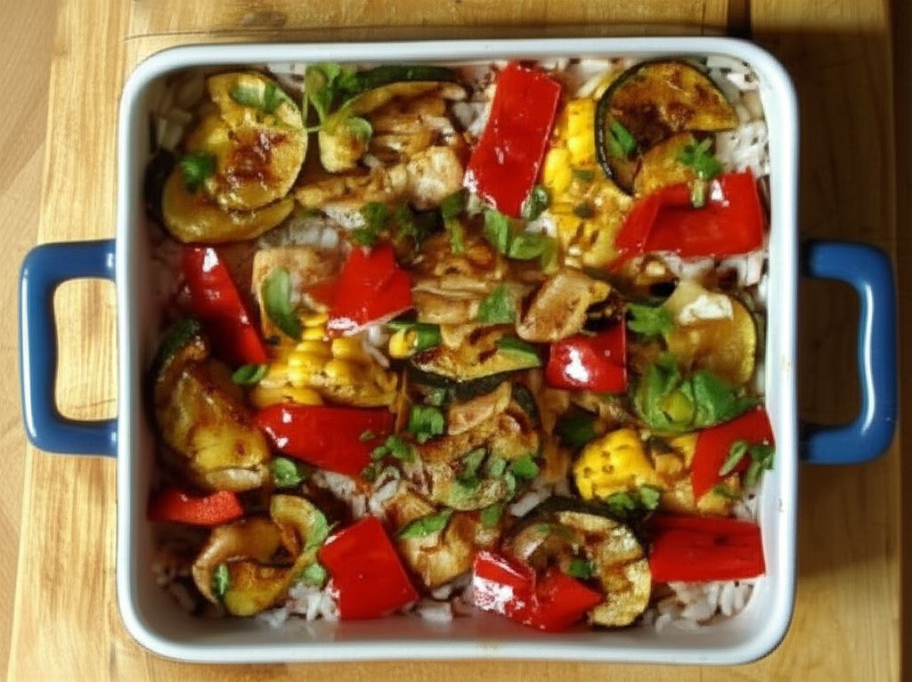 Ryż tricolore z grillowanym kurczakiem i warzywami posypany posiekaną natką pietruszki