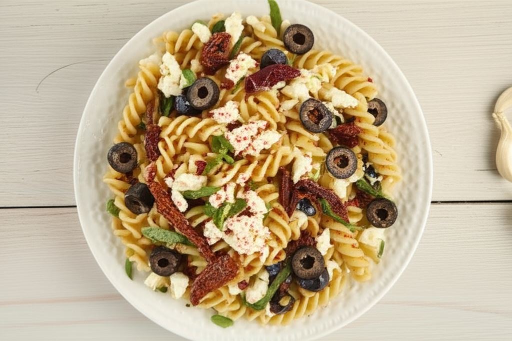Sałatka makaronowa z pomidorów i oliwek