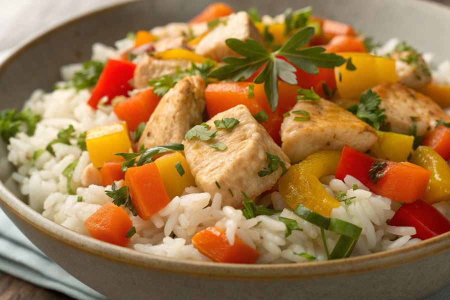 Sałatka warzywna z ryżem i kurczakiem