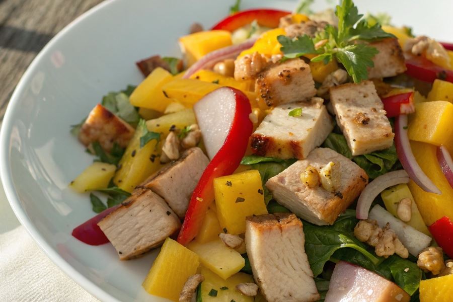 Sałatka z pieczonym schabem i żółtym serem