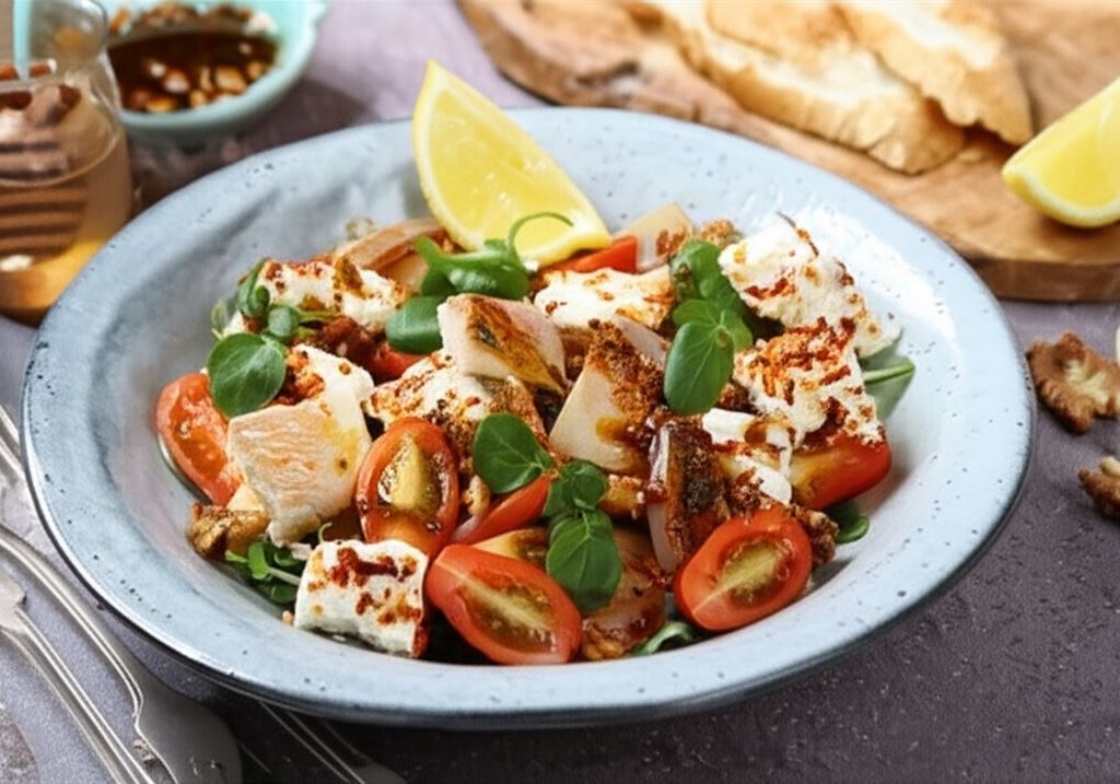 Sałatka z wędzonym na sianie twarogiem i pstrągiem