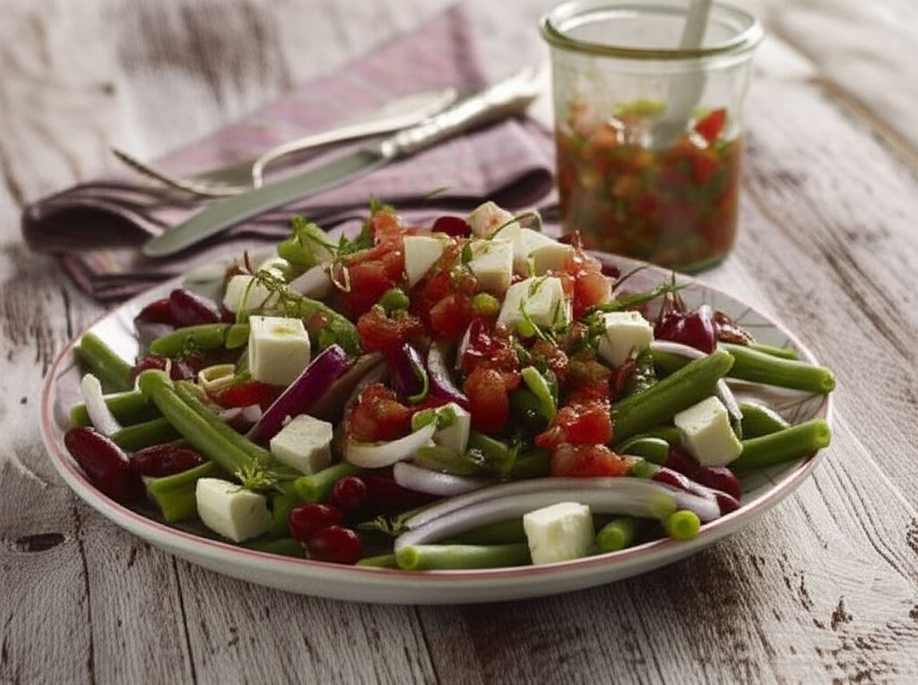 Sałatka z zielonej fasolki z pomidorami i serem feta