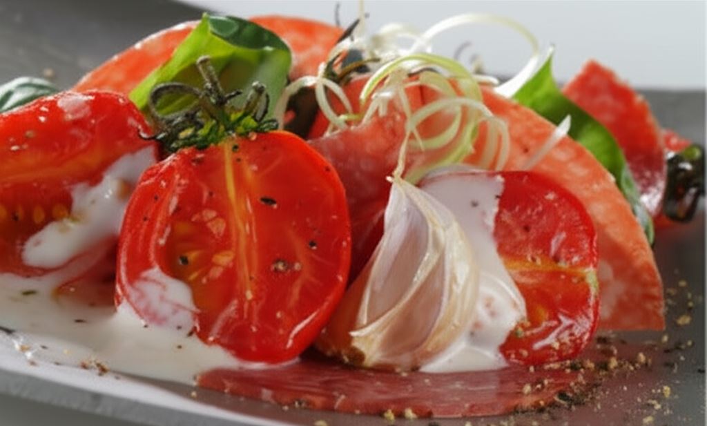 Sałatka ze smażonych pomidorów i salami