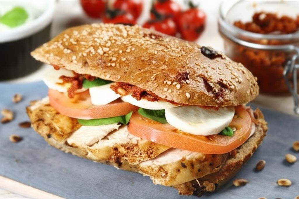 Sandwich z grillowanym kurczakiem i Pesto z pomidorów