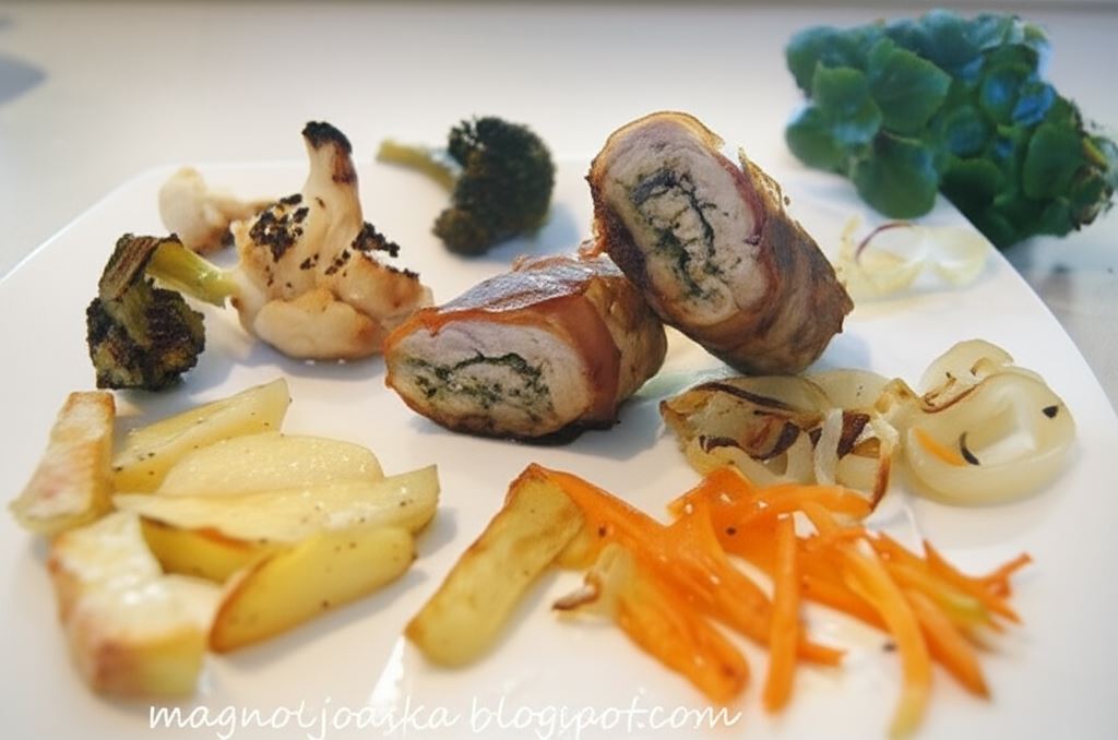 Schab z zielonym pesto i grillowanymi warzywami