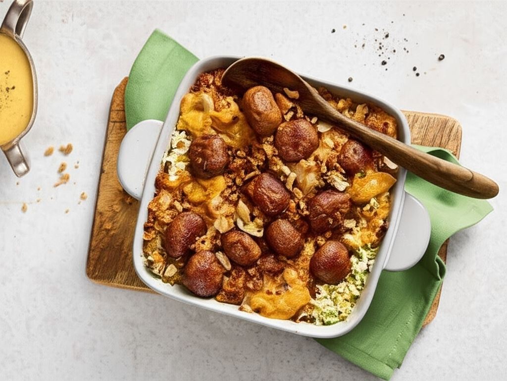 Serowa zapiekanka z brokułami i roślinnymi klopsikami