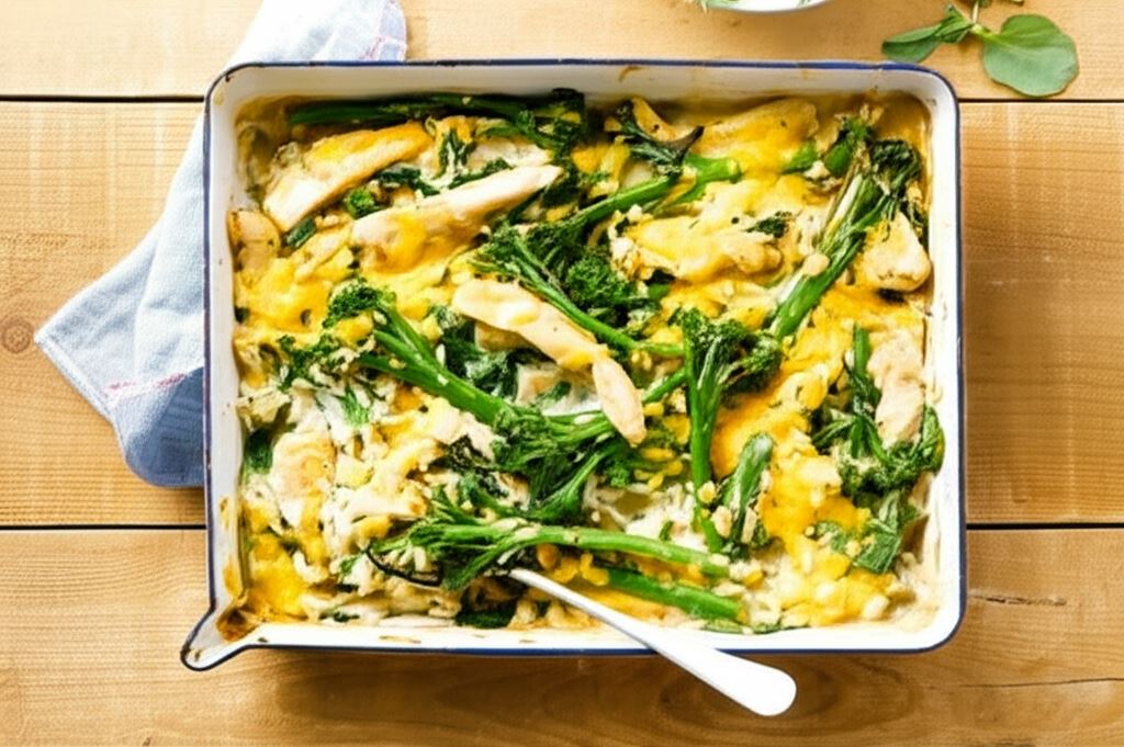 Serowa zapiekanka z indykiem i brokułami
