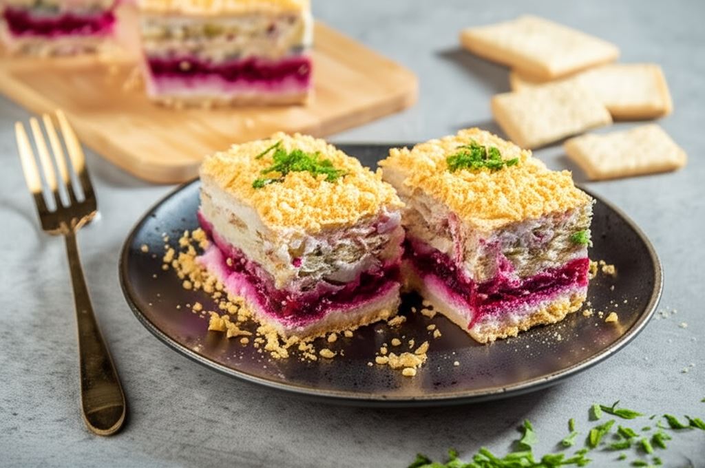 Śledziowa sałatka warstwowa ze słonymi krakersami