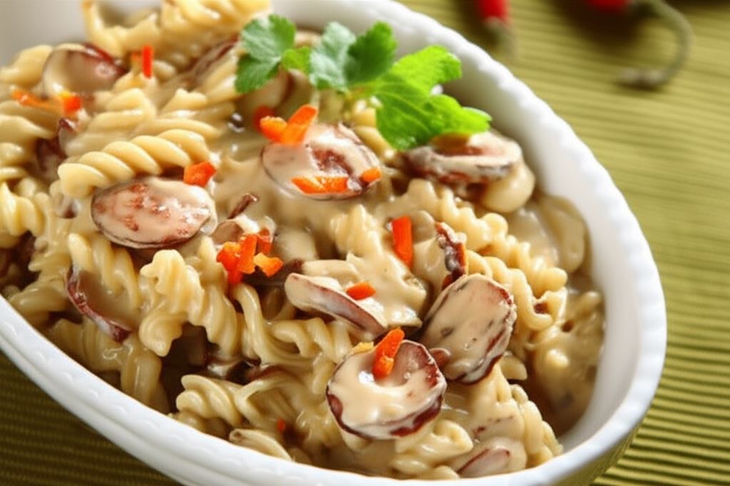 Świderki w sosie grzybowym z kiełbasą i suszonymi pomidorami