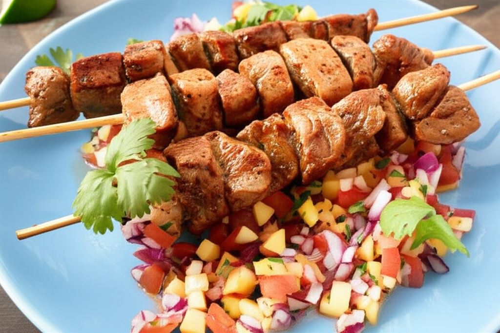 Szaszłyki wieprzowe z salsą z mango i pomidorów