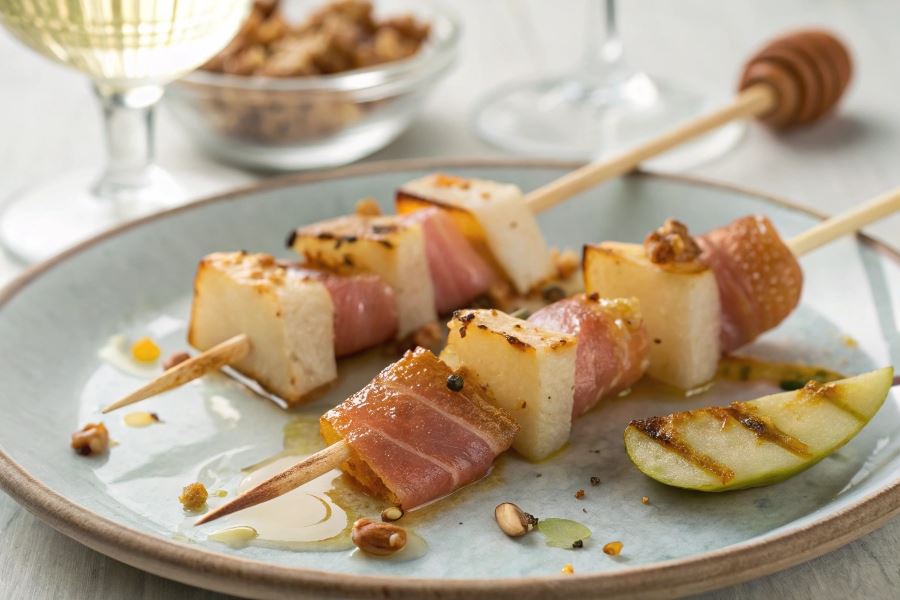 Szaszłyki z parmezanu i gruszek z miodem i orzechami