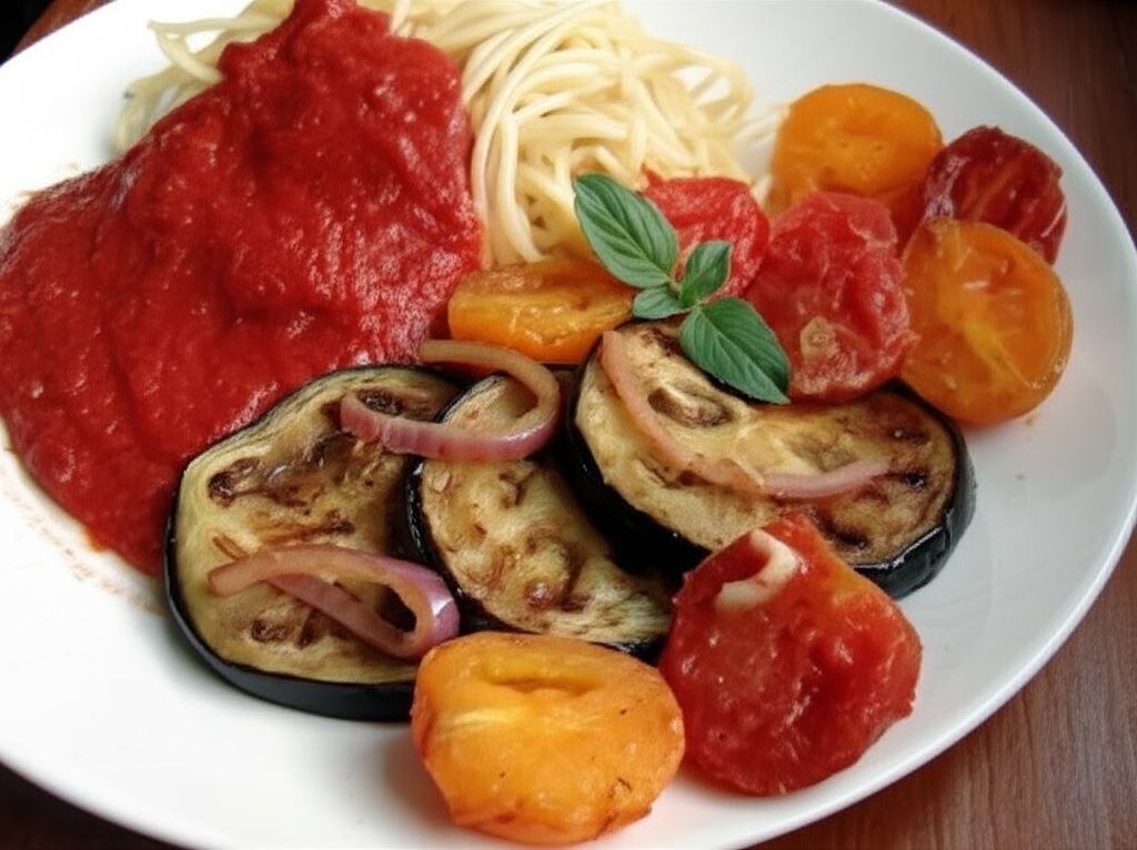 Warzywa smażone na maśle z makaronem i sosem pomidorowym