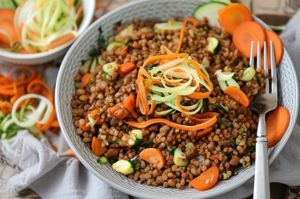 Wegańskie kaszotto z roślinnym 'mięsem'