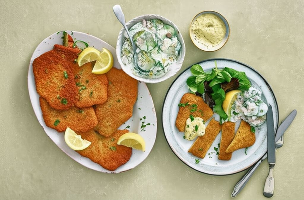 Wegetariańskie sznycle z sałatką z ogórka i sosem musztardowym