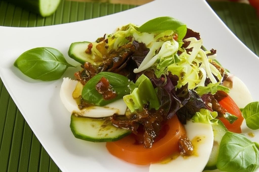 Caprese z ogórkiem i suszonymi pomidorami