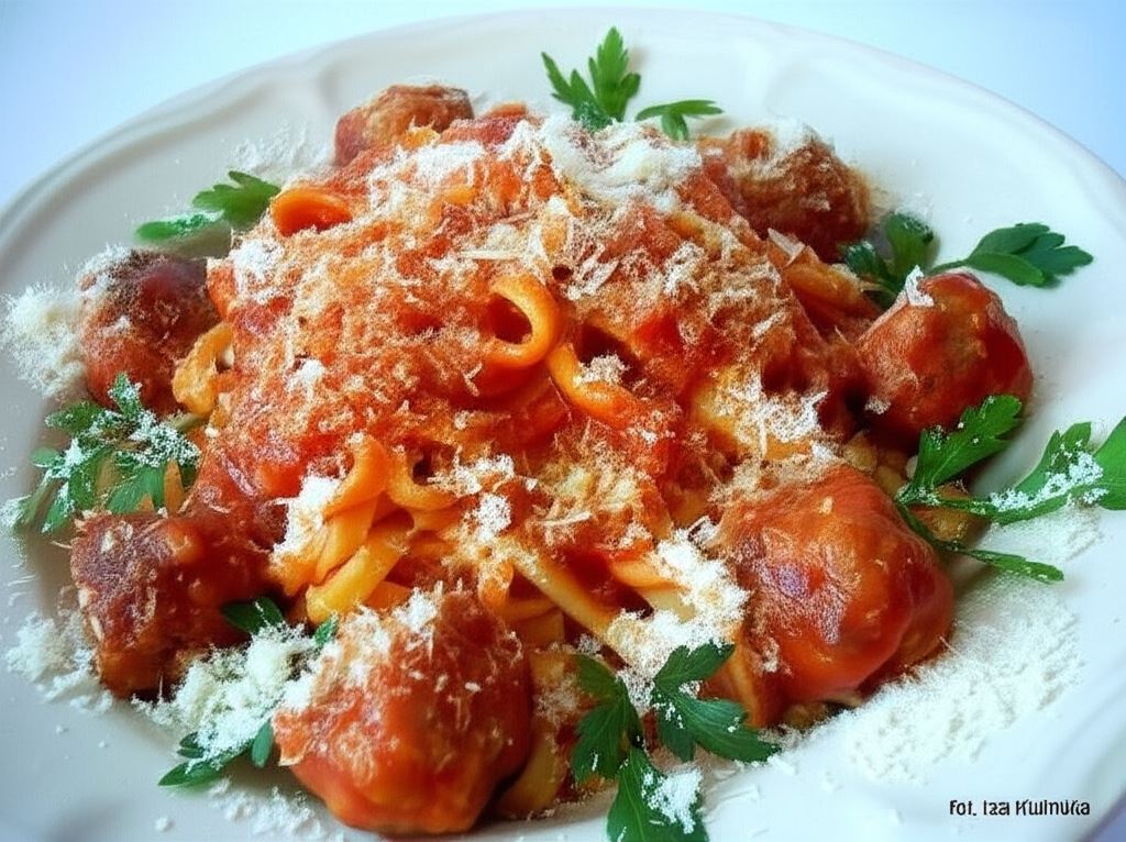 Wstążki z sosem pomidorowym i klopsikami