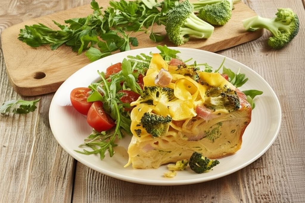 Zapiekanka makaronowa z brokułami i szynką