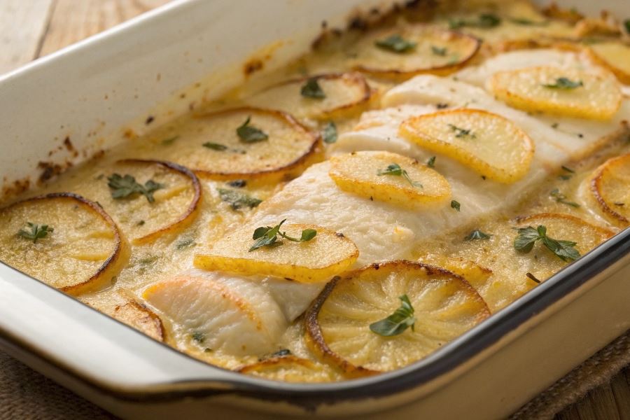 Zapiekanka ze szczupaka z plastrami ziemniaków