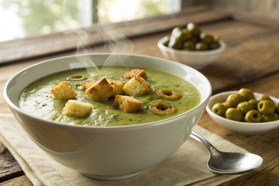 Zupa z zielonymi oliwkami i grzankami