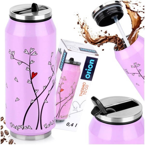Kubek termiczny Orion PUSZKA 128513 – do szkoły, 400 ml, różowy serce, ze słomką