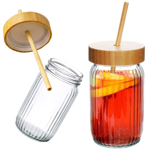 Пляшка для напоїв, EXCELLENT HOUSEWARE, Słoik 500ml із закруч. кришкою і трубочкою, скло товсте, для холодних напоїв