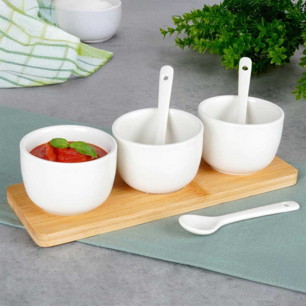 НАБІР МИСОК З ЛОЖКАМИ НА ДОШЦІ ДЛЯ ПОДАЧІ СОУСІВ ТА ЗАКУСОК 139687