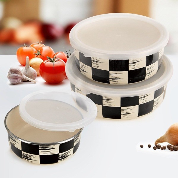 Кухонна миска з кришкою, Orion Szachownica 19 см 1.5 л — емальована, для сервірування та зберігання