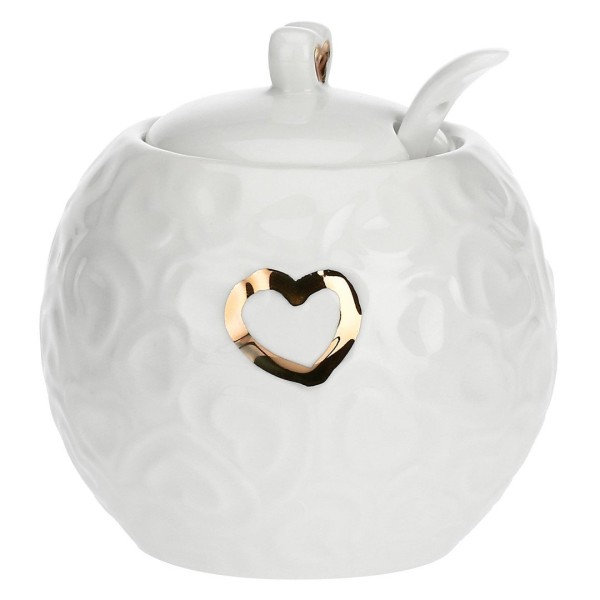 Cukiernica La Porcellana Bianca Valentino Oro z pokrywką i łyżeczką 270 ml do serwowania
