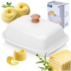 Maselnica ceramiczna Vilde 139678 z białym pojemnikiem i drewnianym uchwytem do serwowania masła