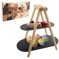 Патера, ORION, 2-поверхова кам'яно-дерев'яна для тортів і фруктів 41×24×38.5 см