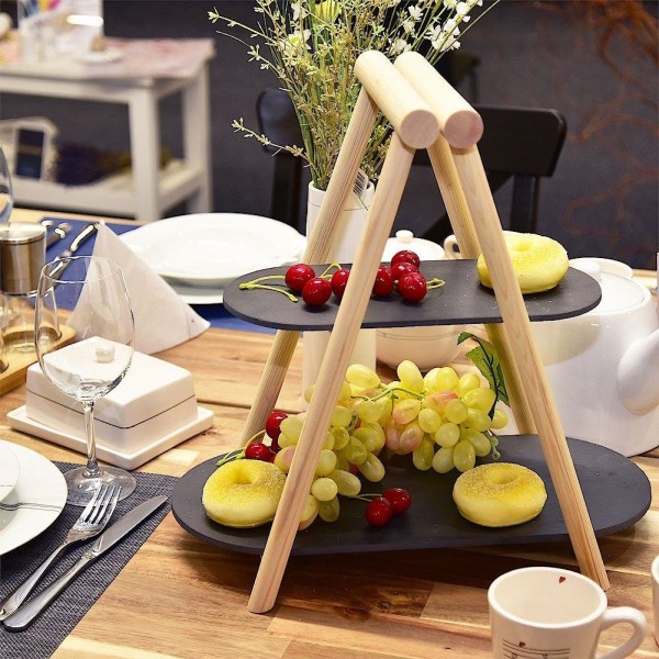 Патера, ORION, 2-поверхова кам'яно-дерев'яна для тортів і фруктів 41×24×38.5 см