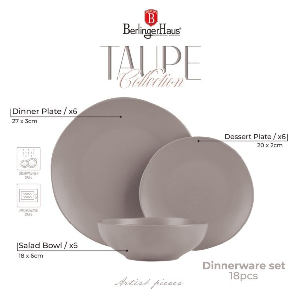 Serwis obiadowy Berlinger Haus Taupe BH-10023, komplet 18 elementów dla 6 osób