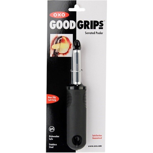 Obieraczka OXO Good Grips, prosta ząbkowana, czarna — do warzyw i owoców