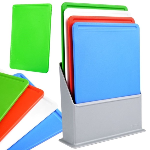 Deski do krojenia, EXCELLENT HOUSEWARE 259164 – plastikowe 20x15 cm, 4 szt. ze stojakiem