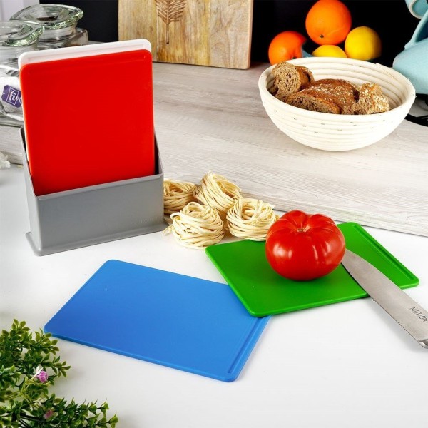 Deski do krojenia, EXCELLENT HOUSEWARE 259164 – plastikowe 20x15 cm, 4 szt. ze stojakiem