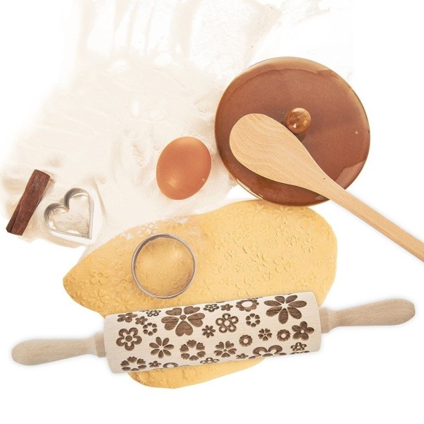 Розкатка для тіста ORION 141259, дерев'яна обертаюча з квітковим візерунком, 39 см