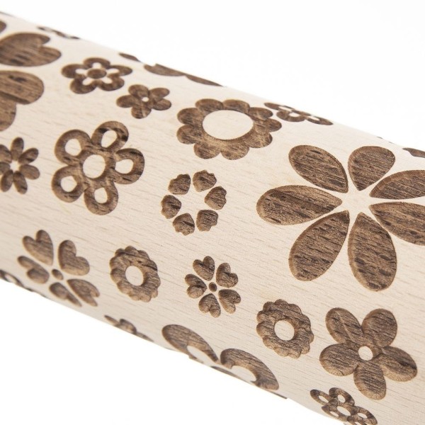 Розкатка для тіста ORION 141259, дерев'яна обертаюча з квітковим візерунком, 39 см