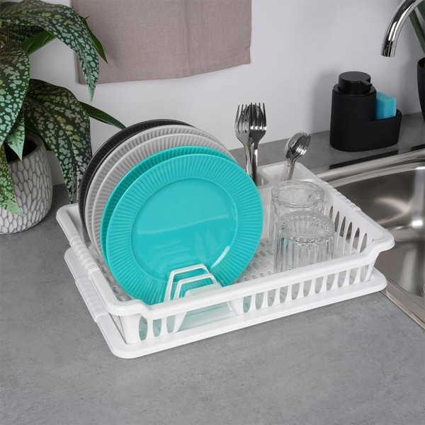 Сушарка для посуду, ORION 150694 — мала пластикова біла 40×29×8.5 см, для стійкого сушіння на кухонній стільниці