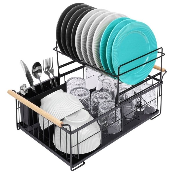 Стійка для посуду VILDE 229094, двоярусна чорна 48×29×28.5 см — для сушіння тарілок і столових приборів