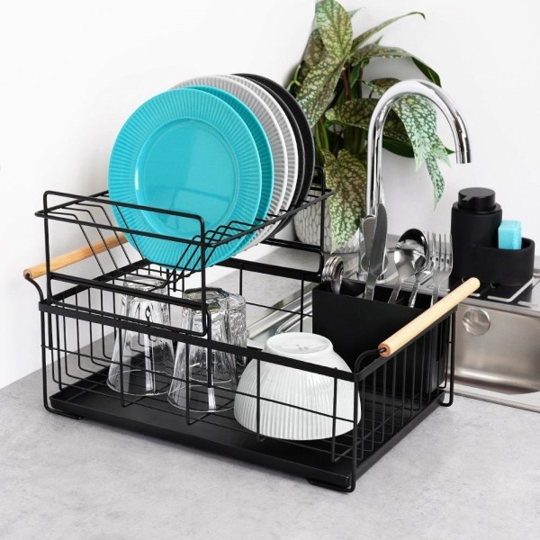 Стійка для посуду VILDE 229094, двоярусна чорна 48×29×28.5 см — для сушіння тарілок і столових приборів