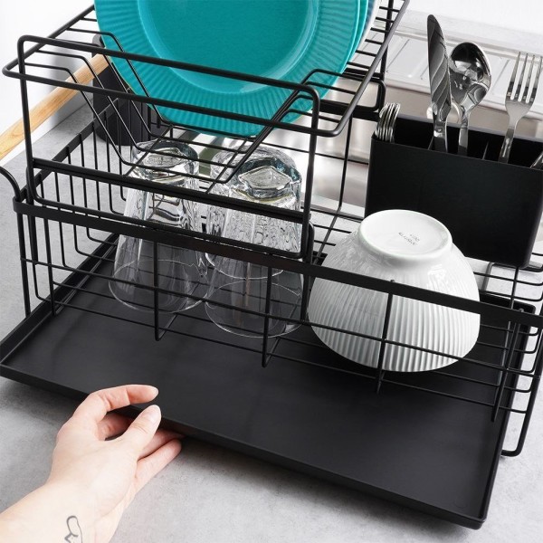Стійка для посуду VILDE 229094, двоярусна чорна 48×29×28.5 см — для сушіння тарілок і столових приборів