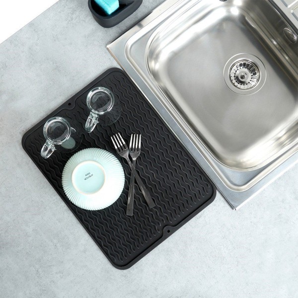 Килимок для сушіння посуду, VILDE 229105, силіконовий чорний 40x30 см — для сушіння чашок та столових приборів