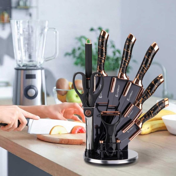 Набір ножів, бренд E-6270, 9 елементів у підставці з точилом і ножицями — для кухні (нарізка, приготування)