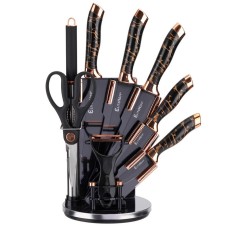 Набір ножів, бренд E-6270, 9 елементів у підставці з точилом і ножицями — для кухні (нарізка, приготування)