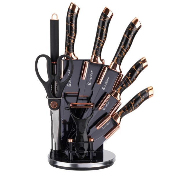 Набір ножів, бренд E-6270, 9 елементів у підставці з точилом і ножицями — для кухні (нарізка, приготування)