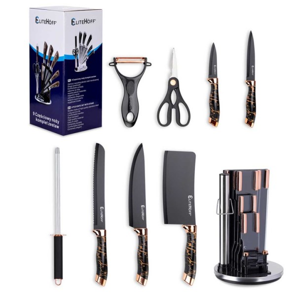 Набір ножів, бренд E-6270, 9 елементів у підставці з точилом і ножицями — для кухні (нарізка, приготування)