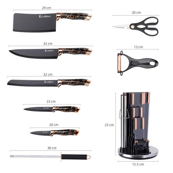 Набір ножів, бренд E-6270, 9 елементів у підставці з точилом і ножицями — для кухні (нарізка, приготування)