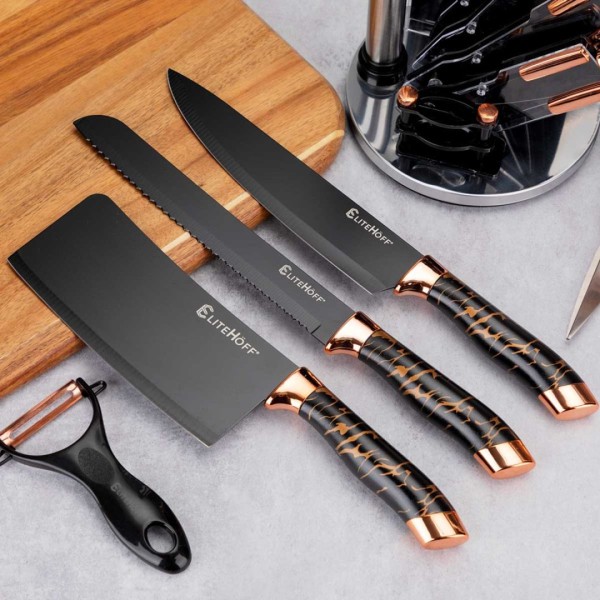Набір ножів, бренд E-6270, 9 елементів у підставці з точилом і ножицями — для кухні (нарізка, приготування)